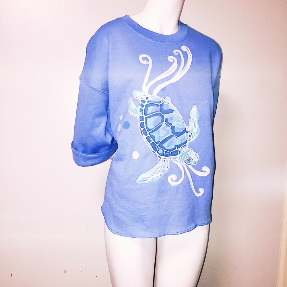 🌊Blue Sea-Turtle Crew Neck Cropped Lg.Sweatshirt - Picture 7 of 8